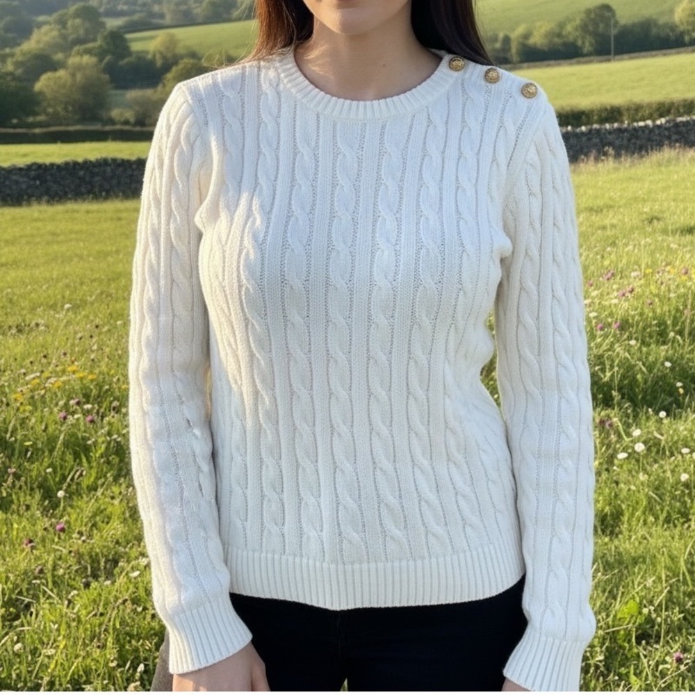 Ralph Lauren Cable Knit Sweater Sz M Ivory Gold Button Cotton Old Money Preppy